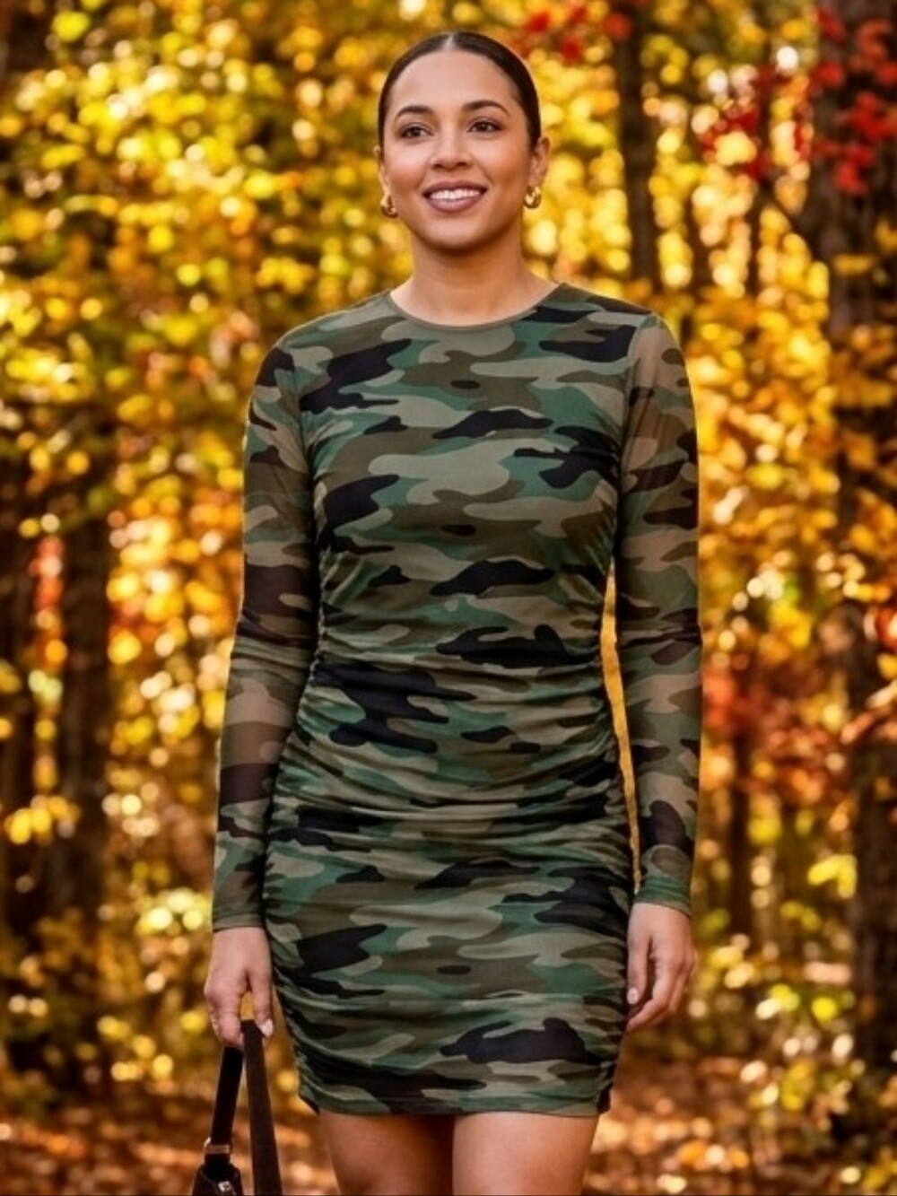 Camo Ruched Long-Sleeve Women’s Dress